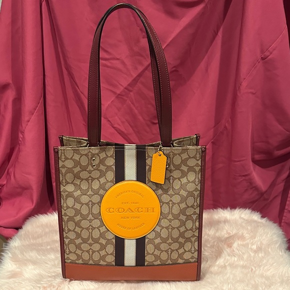 Coach Signature Jacquard Strip DMPSY Brown and Tan Tote with Orange Accent